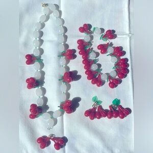 Vintage Celluloid Cherry Jewelry Set Necklace Earrings Bracelet